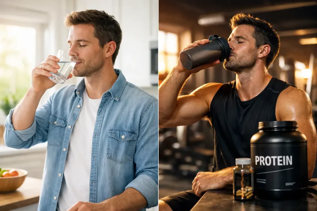 Split image showing L-glutamine on empty stomach in morning vs with food post-workout, comparing best timing for absorption and muscle recovery benefits.