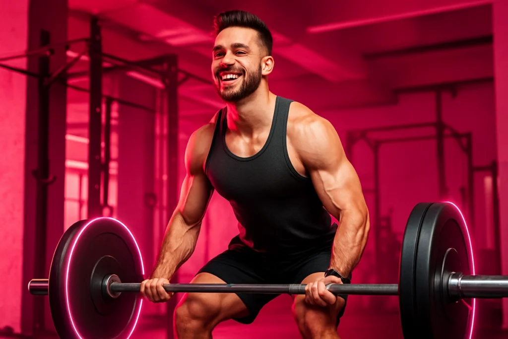 Athlete lifting heavy weights energized by creatine before workout