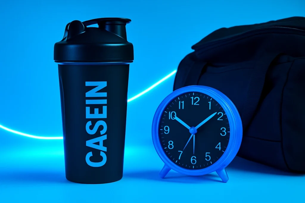 Casein protein shake ready before bedtime for overnight muscle recovery