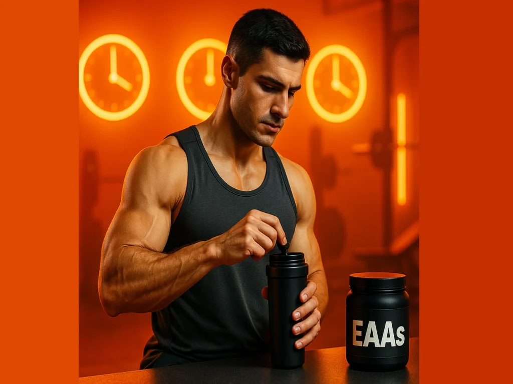 Visual showing best times to take EAAs for maximum muscle recovery and workout performance