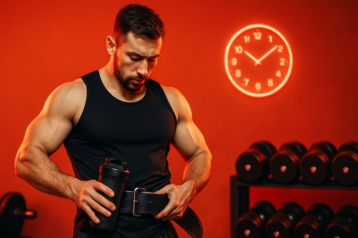 Male athlete preparing for workout with focus on supplement timing, representing beta-alanine use