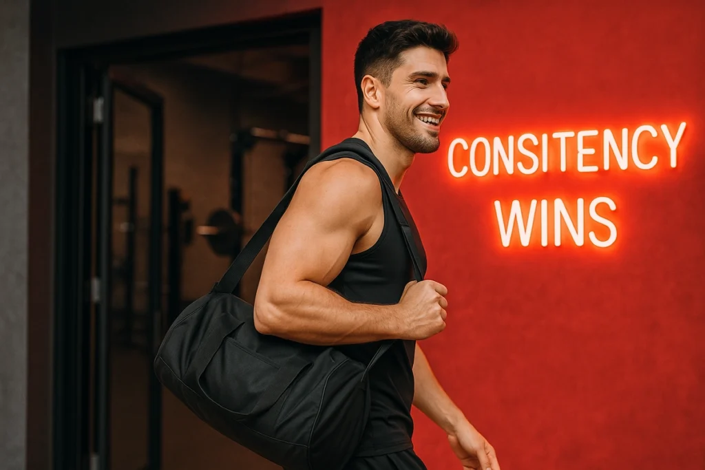 Athlete leaving gym with focus on consistent supplement habits for performance