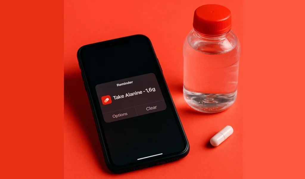 Daily beta-alanine reminder on smartphone with supplement capsule on desk