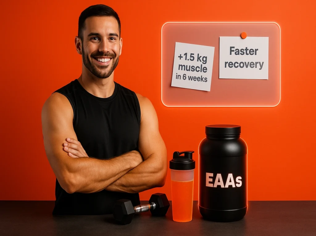 Fitness coach showcasing client results after using EAAs for muscle recovery and lean mass gains