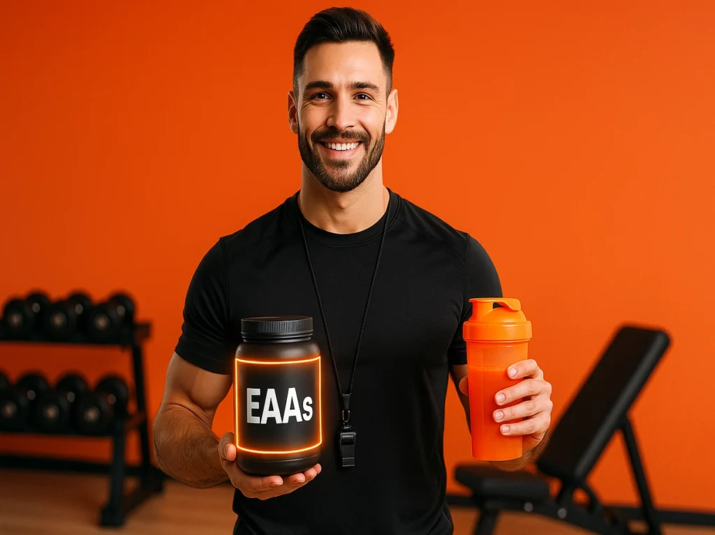 Smiling fitness coach holding EAAs and shaker bottle in gym with orange background showing confidence and results