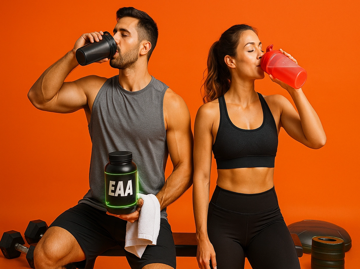 Fit man and woman drinking EAAs during workout to boost endurance and recovery in gym setting