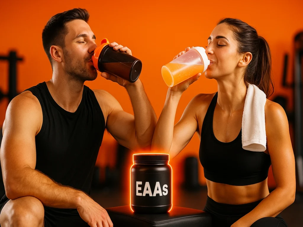 Athletic man drinking EAAs from a shaker post-workout, showing quick recovery and energy boost in a modern gym