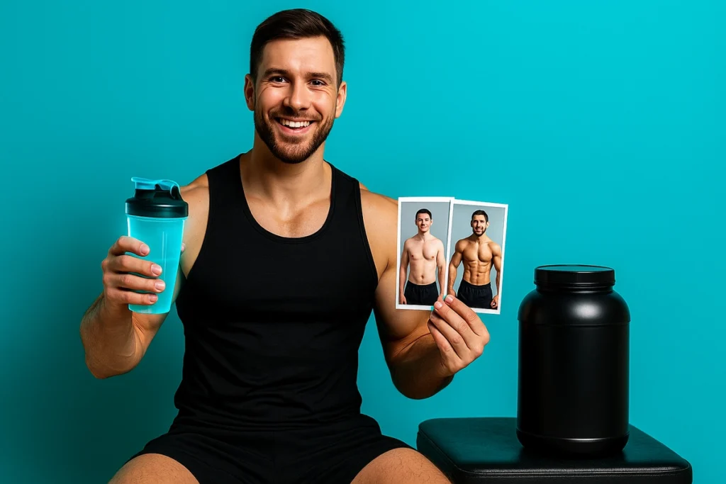 Coach showing personal transformation and mass gainer used during bulking phase