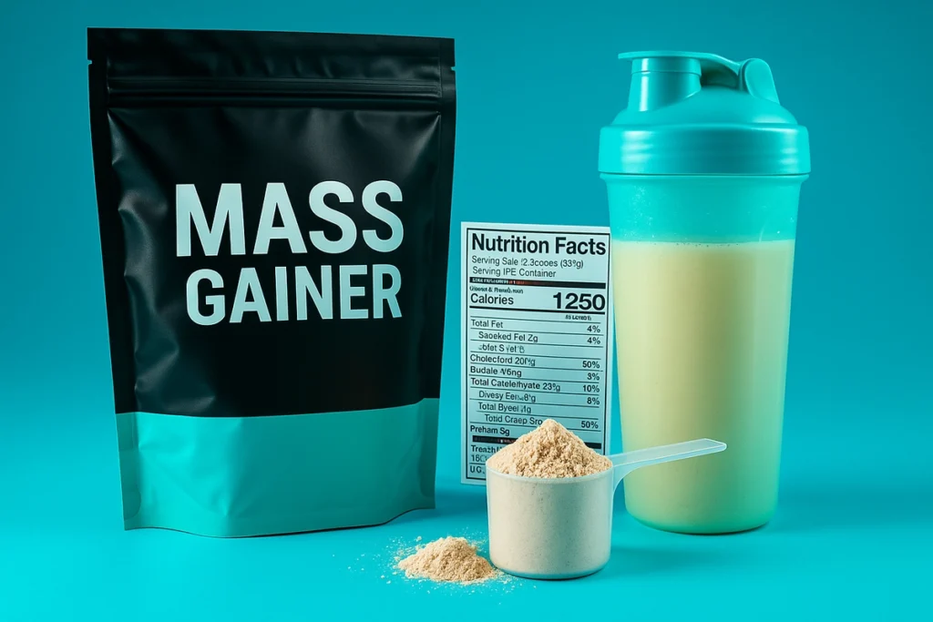 Mass gainer powder, scoop, and nutrition facts showing protein and calorie content