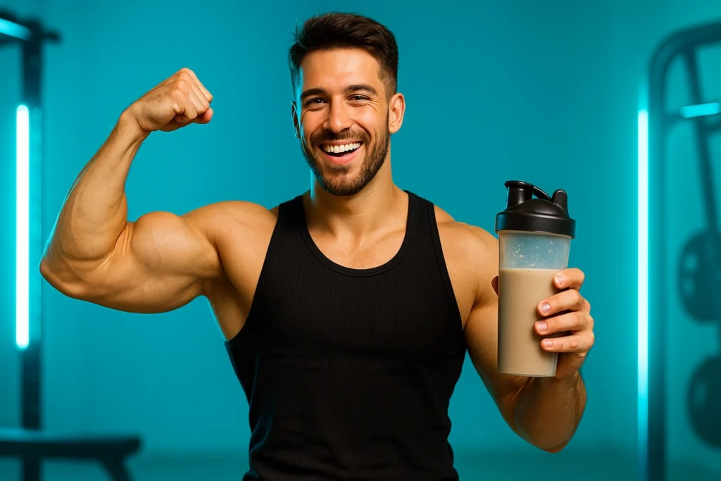 Athlete smiling after taking post-workout mass gainer shake for muscle recovery