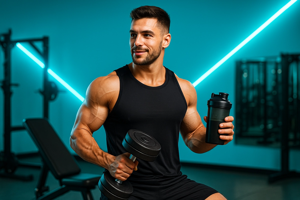 Bodybuilder deciding when to take mass gainer before or after workout, holding shaker and dumbbell in gym