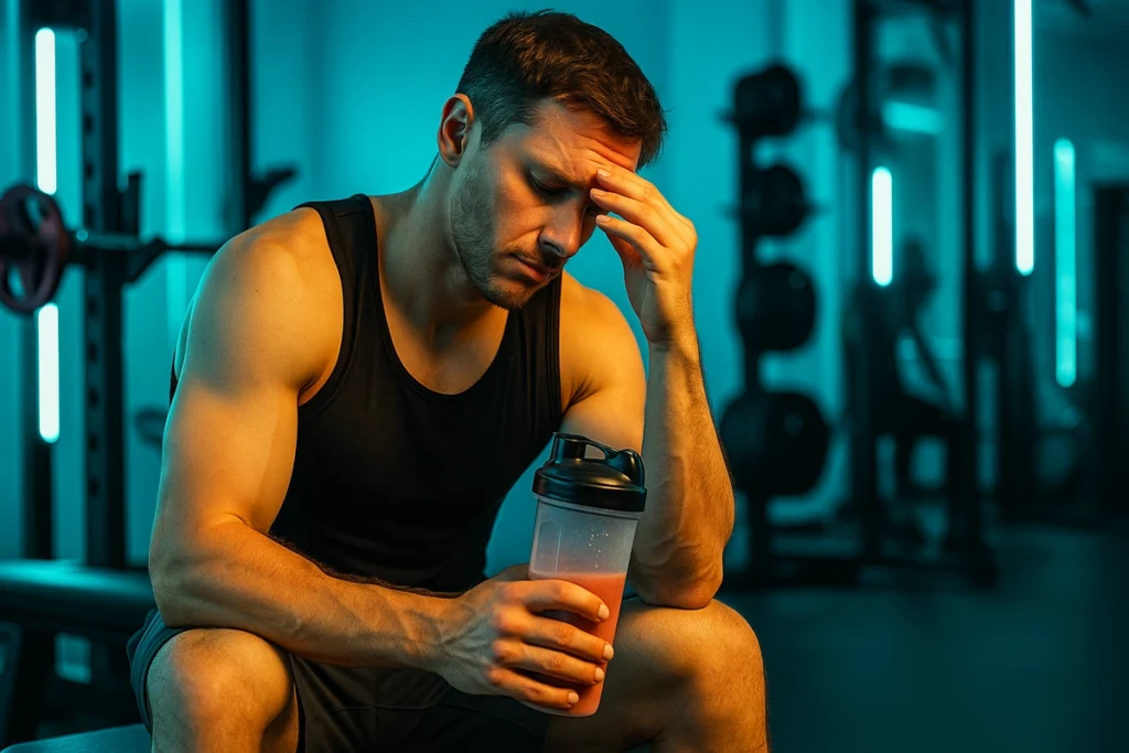 Man feeling bloated after taking mass gainer before gym workout