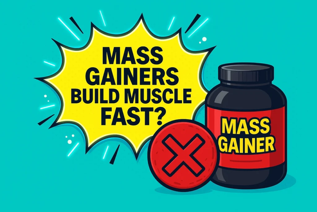 Myth busting graphic showing false belief about mass gainers building muscle instantly