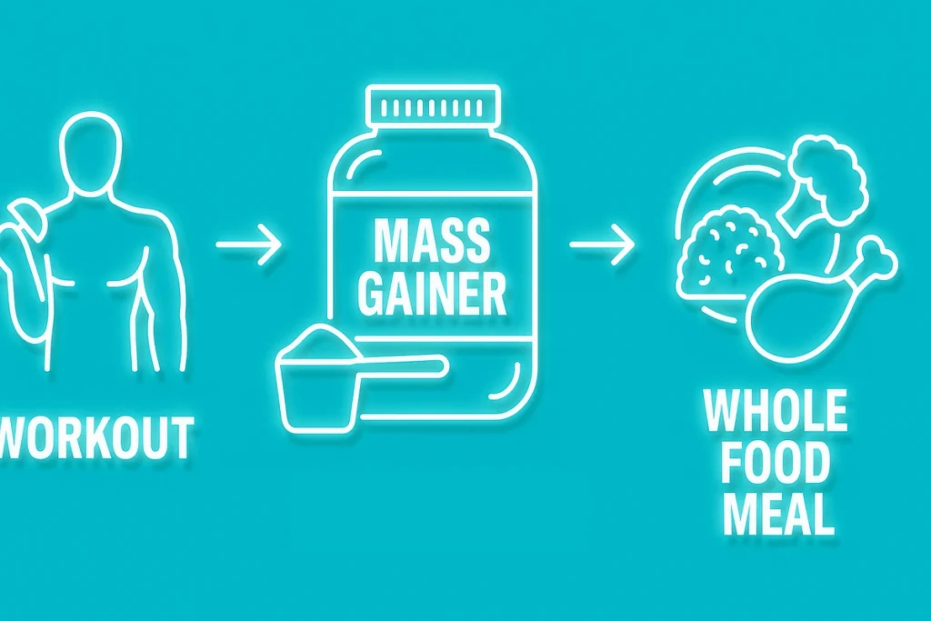 Visual guide showing best time to take mass gainer for muscle growth and recovery