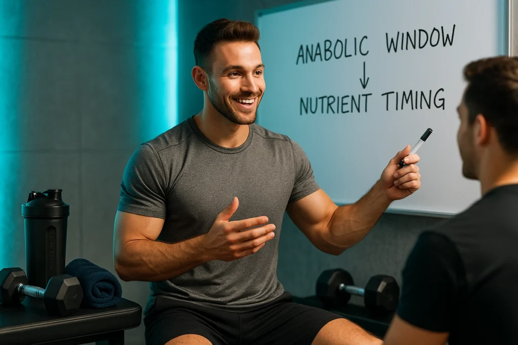 Fitness trainer explaining anabolic window and nutrient timing for muscle gain
