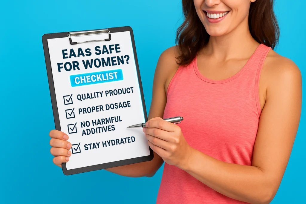 Supplement safety checklist for women using EAAs with health-friendly background