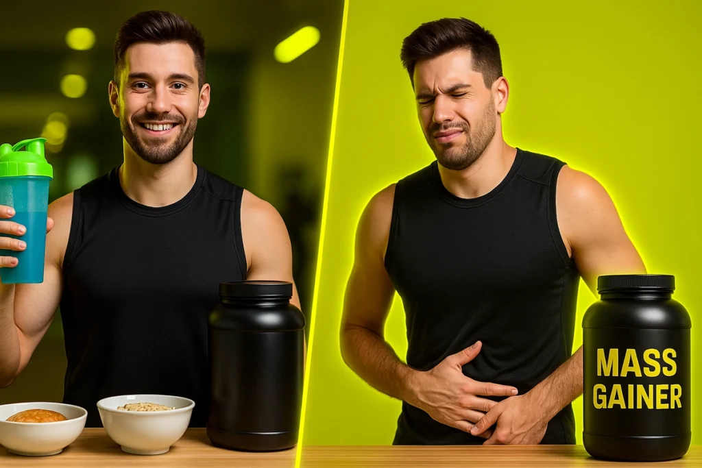 Split image of a lifter with a post-workout shake and same person holding stomach from mass gainer side effects