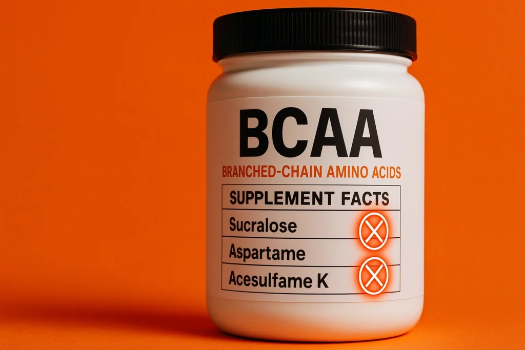 BCAA label with artificial sweeteners highlighted and warning signs