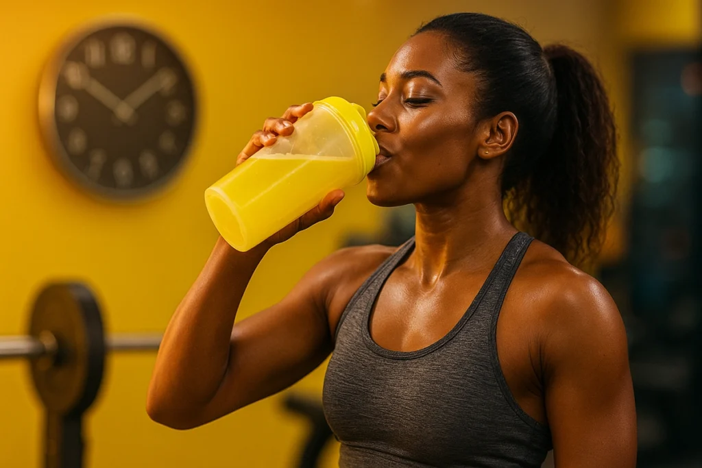person drinking BCAA supplement during workout for better absorption