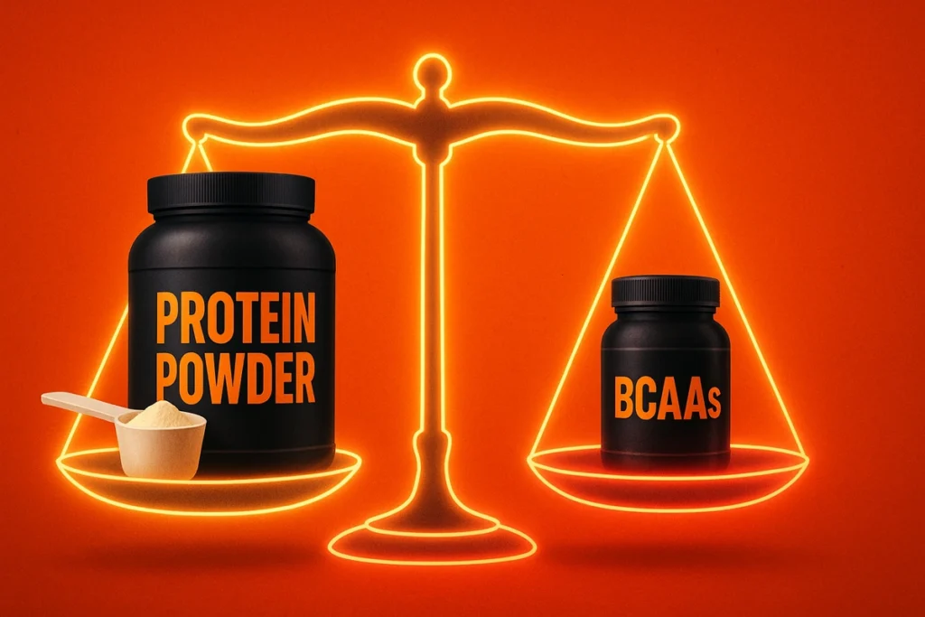 Scale comparing protein powder and BCAA supplements with verdict on which is more essential
