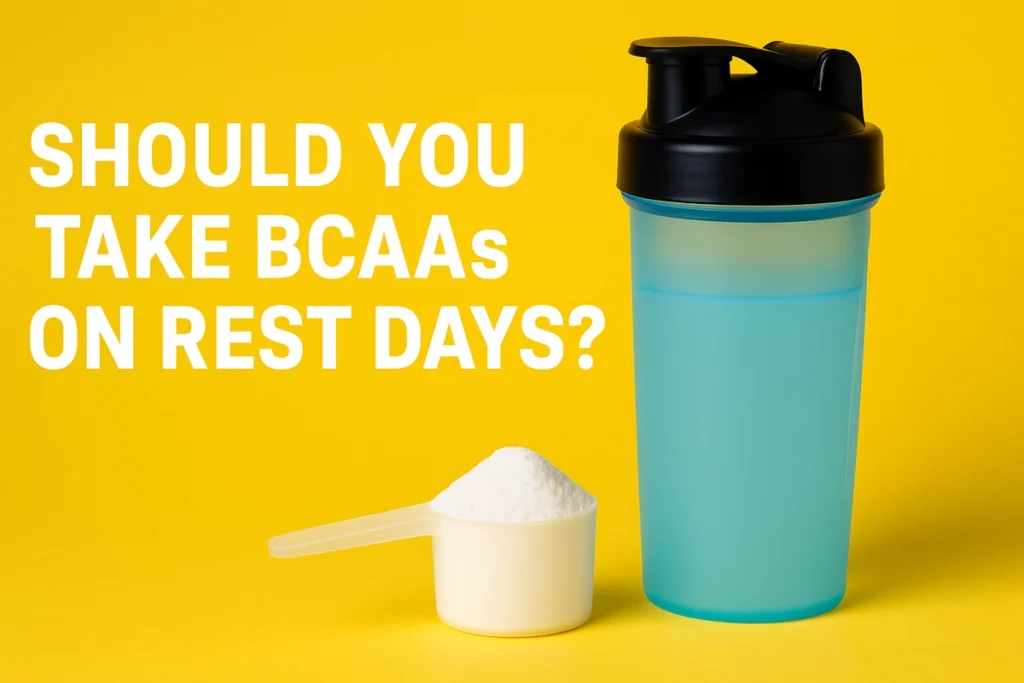 BCAA scoop and shaker on table with question about rest day use