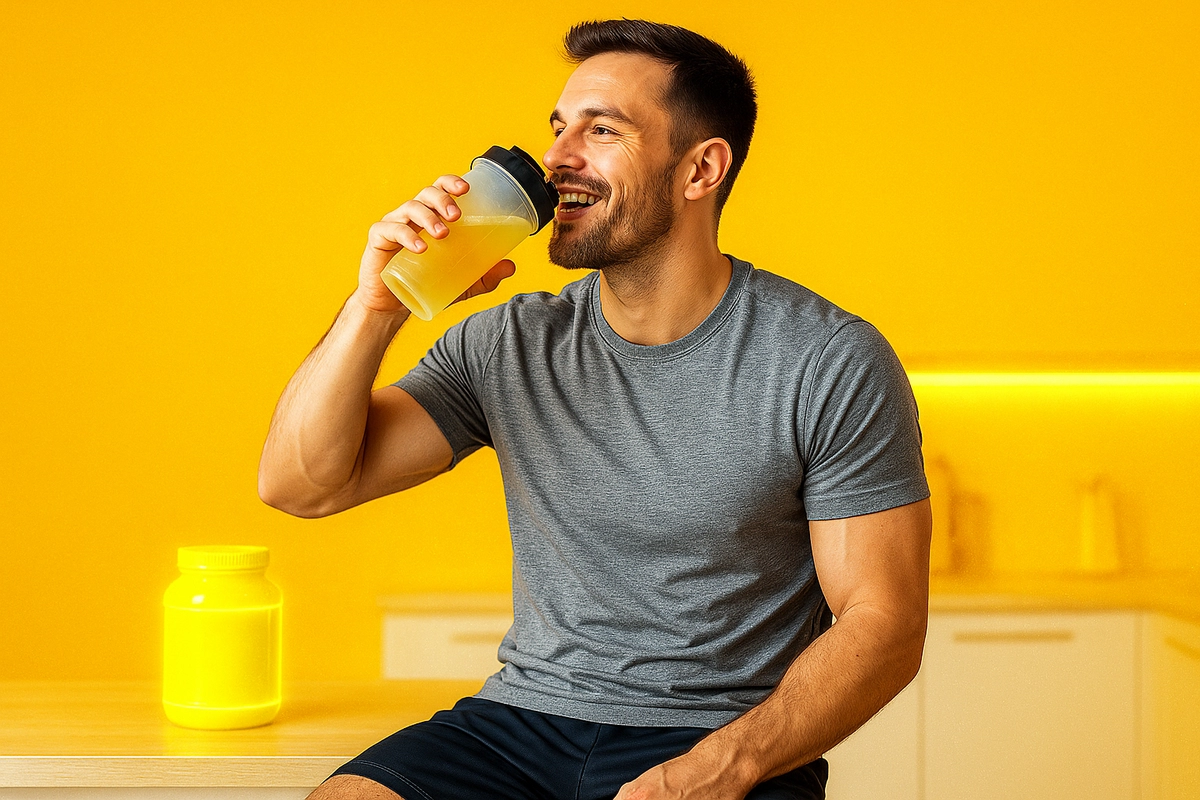 Man drinking BCAAs at home on rest day for muscle recovery