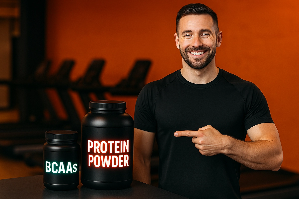 Do you need BCAAs if you take protein powder? Fitness coach comparing two supplements in gym setting