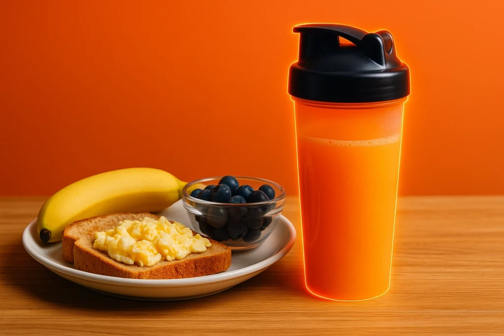 Meal and BCAA drink illustrating how food slows down amino acid absorption