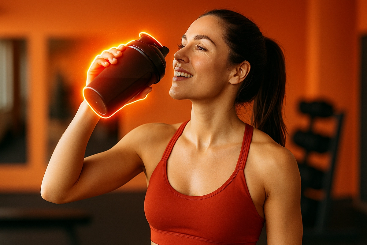 Athlete drinking BCAA supplement in fasted state before morning workout