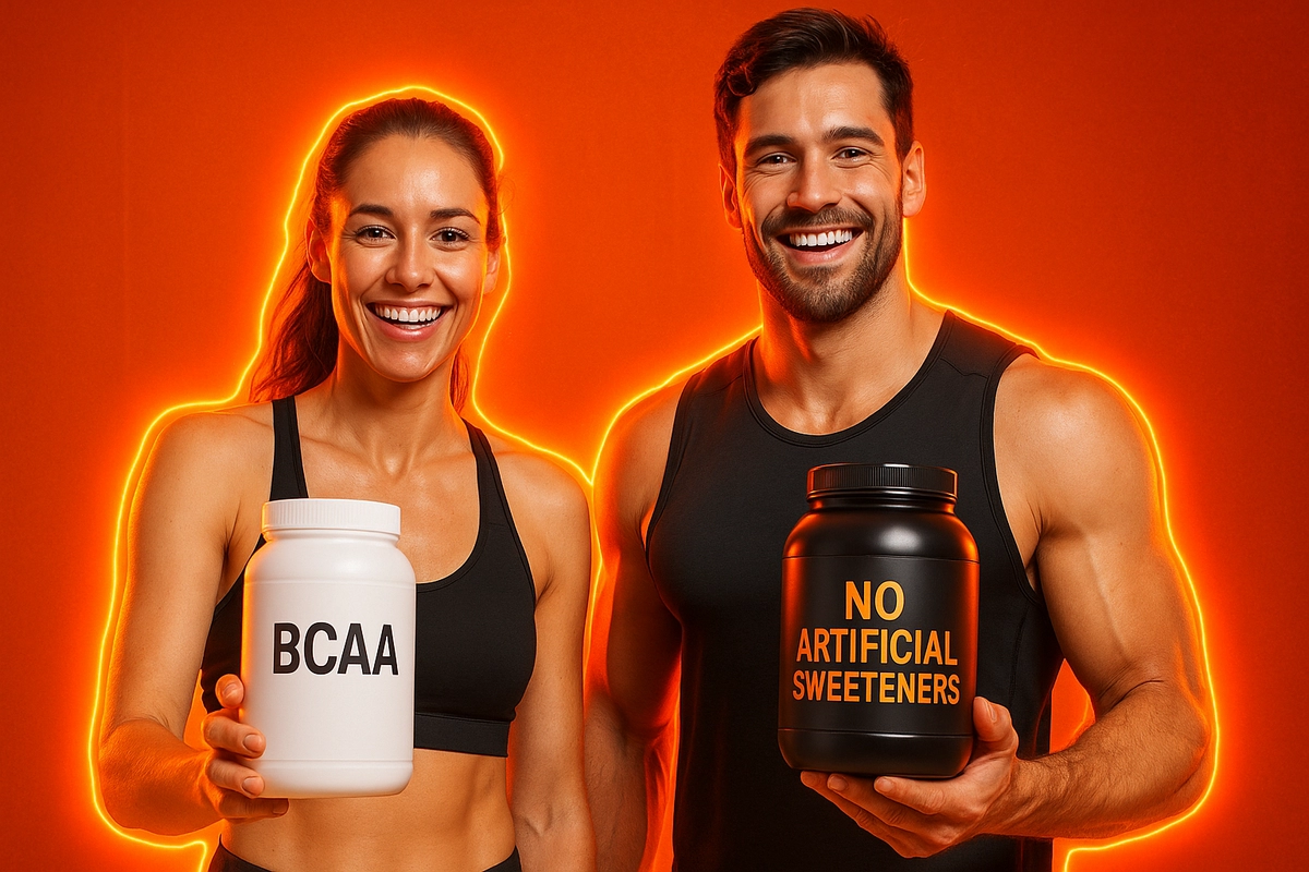 athletes holding clean BCAA supplements with no artificial sweeteners after workout