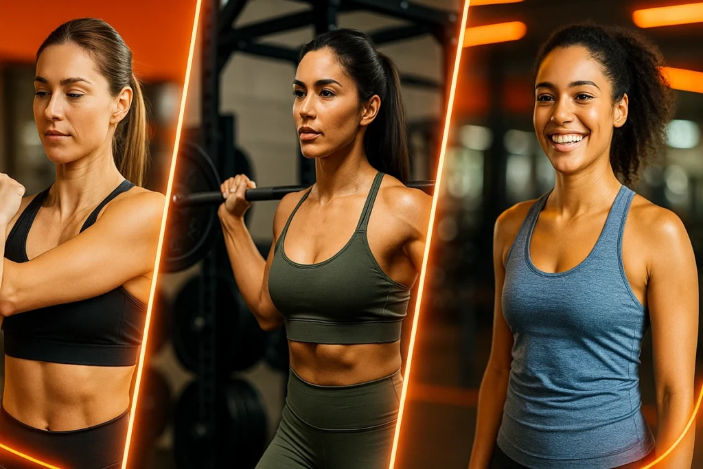 Multiple scenes of women training, recovering, and progressing with BCAAs