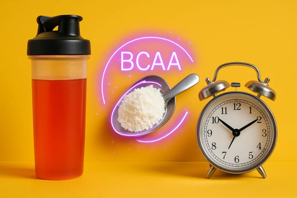 BCAA scoop and early morning clock symbolizing fasted training support