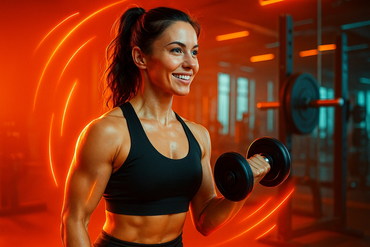 Confident athletic woman lifting weights to represent BCAA benefits for women in strength training