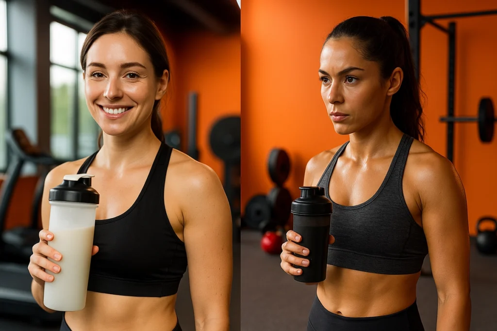 Side-by-side image of woman using protein shake vs BCAA drink for training comparison