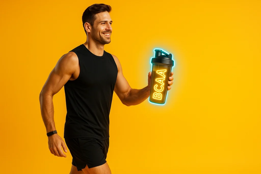 Confident athlete post fasted cardio holding BCAA supplement for fat loss support