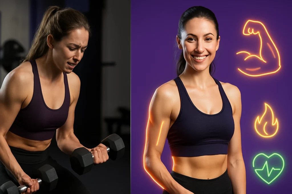 Visual comparison showing how beta-alanine helps women push harder and build lean muscle.