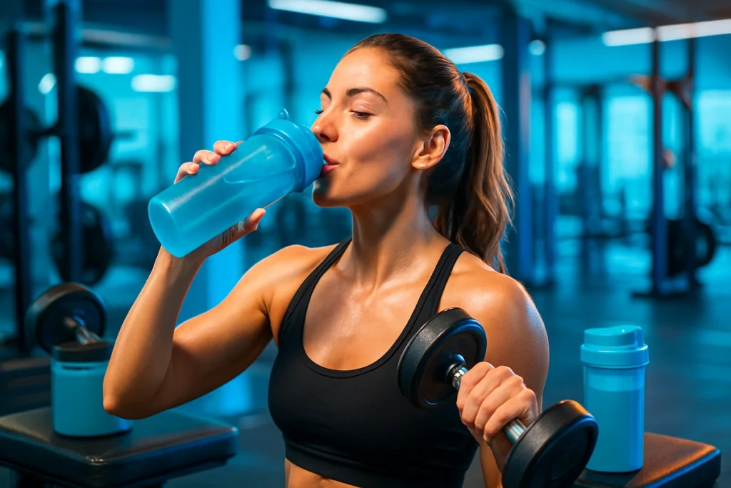 Athletic woman sipping EAA drink during strength training in modern gym