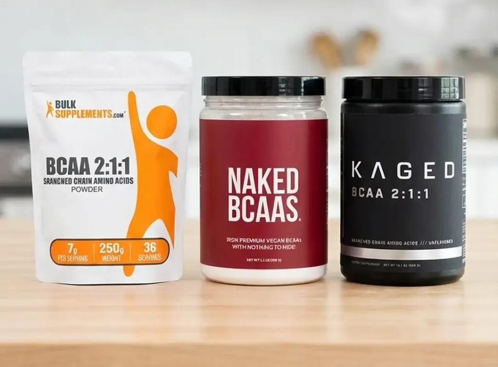 Side-by-side comparison of three top Sucralose-Free BCAA powder supplements: Bulk Supplements 2:1:1, Naked BCAAs, and Kaged BCAA