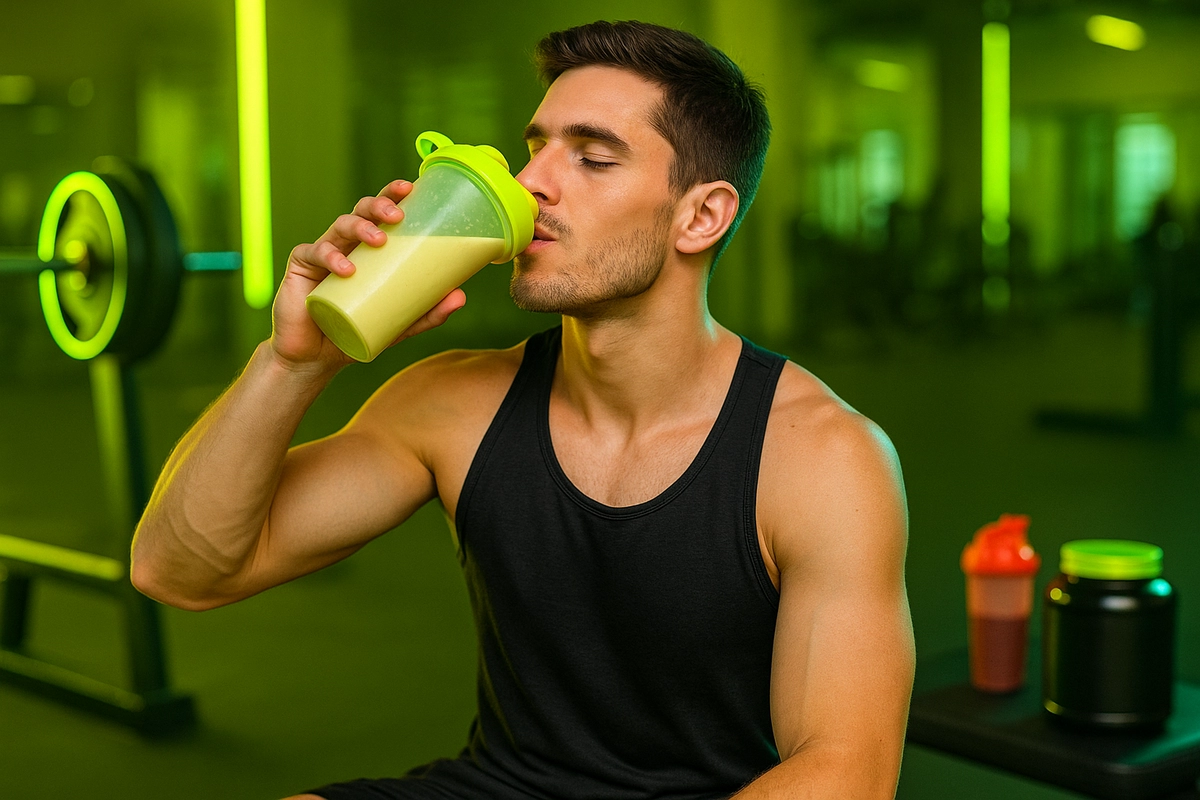 Ectomorph man drinking mass gainer shake in gym after workout