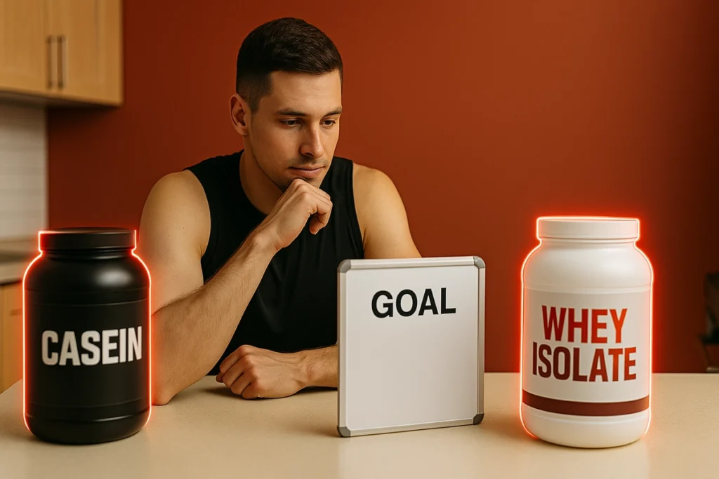 Athlete choosing between casein and whey isolate protein based on fitness goals