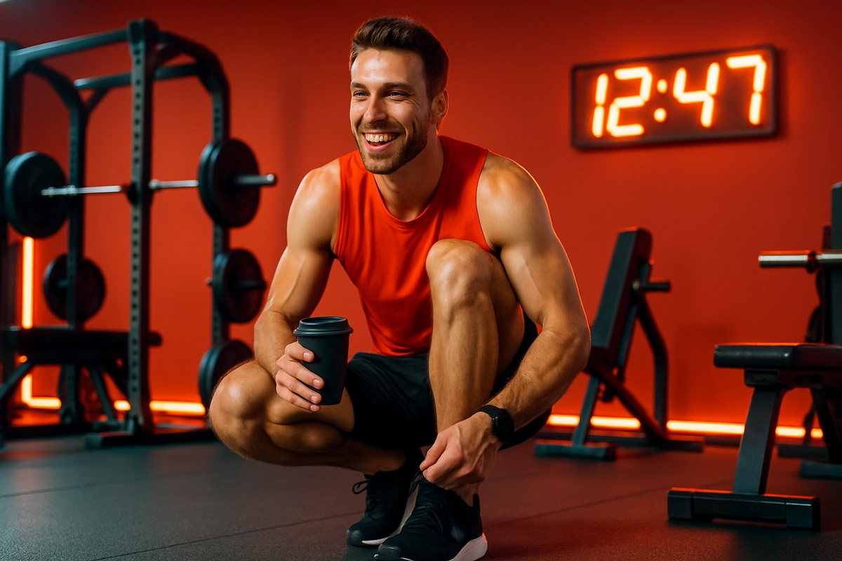 Athlete preparing for workout with coffee and clock showing optimal caffeine timing