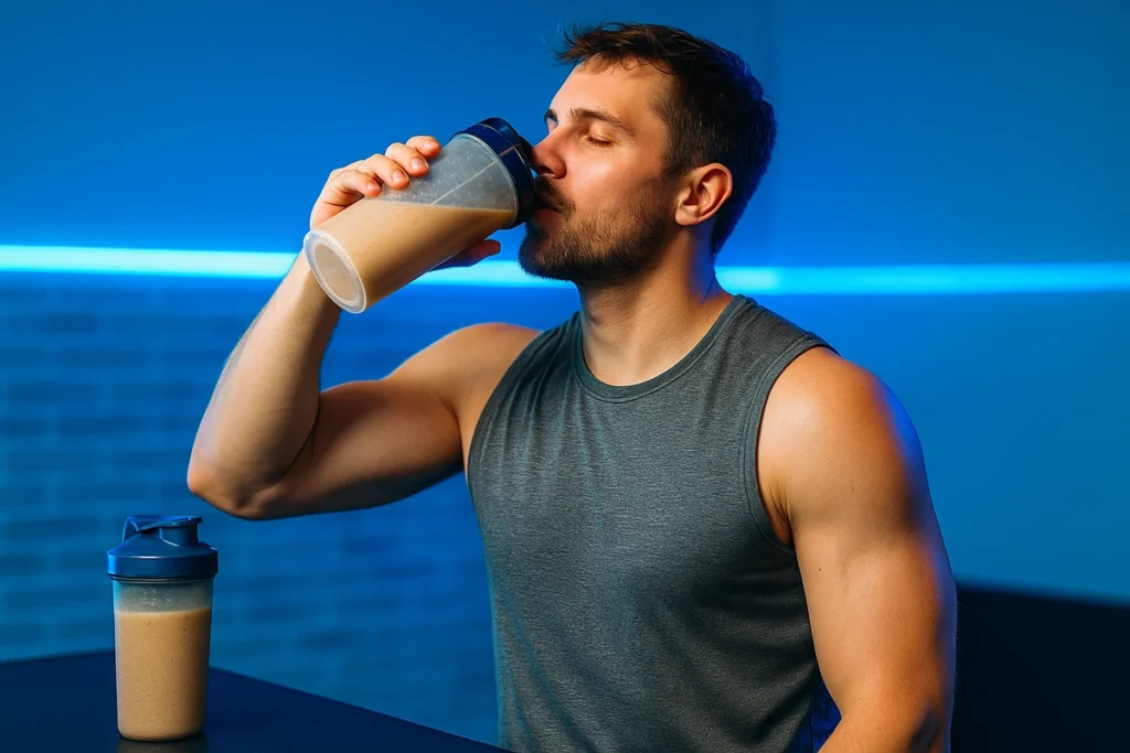 Man drinking mass gainer shake after workout for muscle recovery