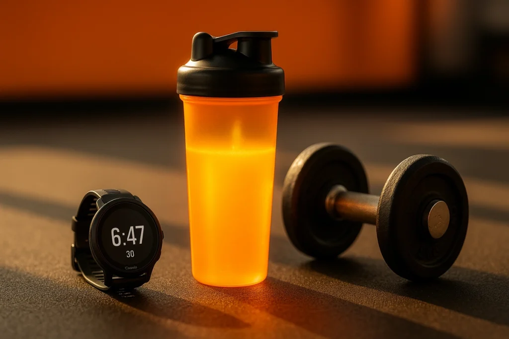 Shaker and timer symbolizing best times to take BCAAs around workouts