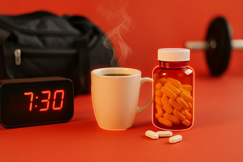 Clock and caffeine supplements set before gym session