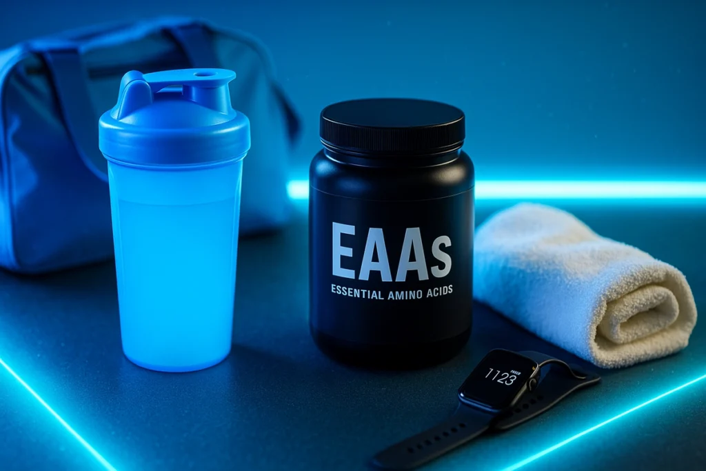 Gym bag with EAAs and watch showing optimal time for supplement use