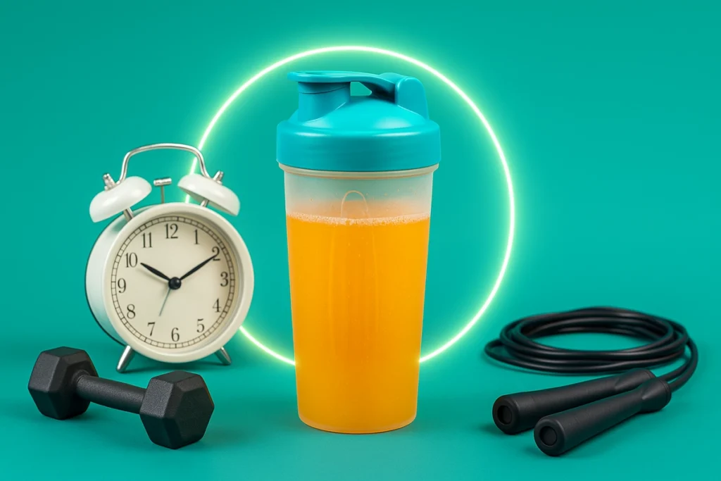 EAA drink and clock showing ideal timing during intermittent fasting