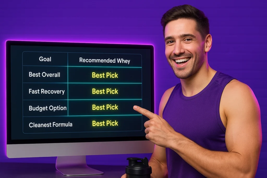 Comparison chart of whey protein powders for men with best pick highlighted