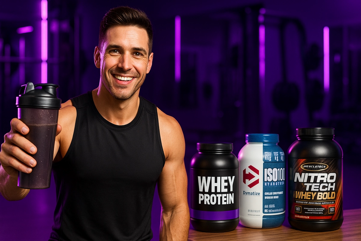 Fit man holding whey protein shaker in gym – best whey protein powders for men 2025