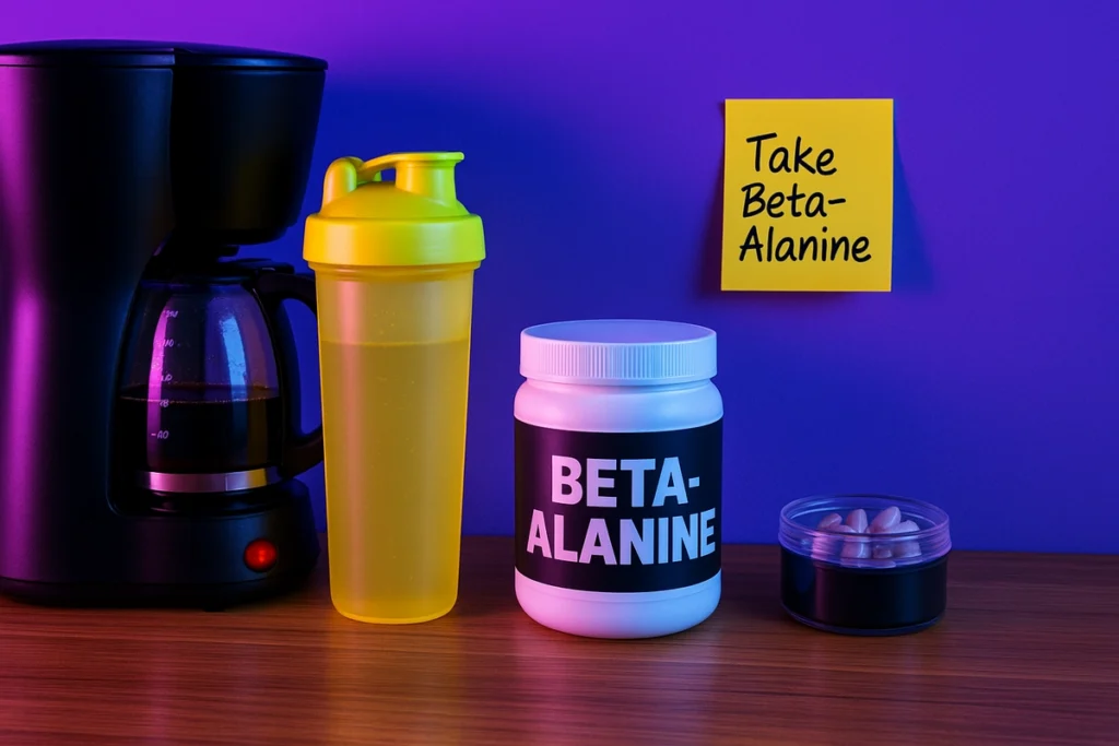 daily beta-alanine habit setup on kitchen counter with reminder note