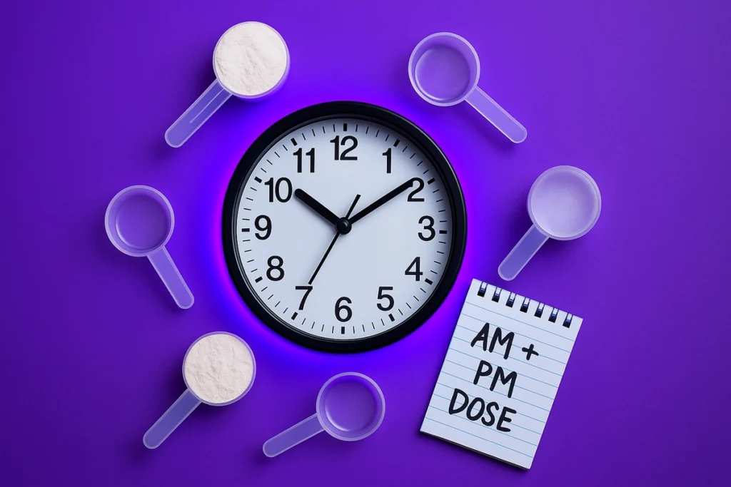 visual of daily beta-alanine timing with clock and supplement servings
